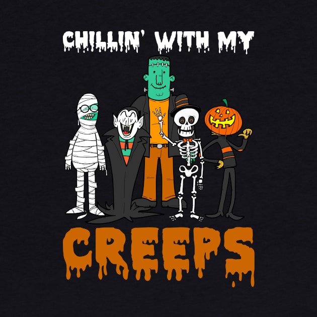 Chillin With My Creeps Mummy Vampire Skeleton Pumpkin Halloween by foxmqpo